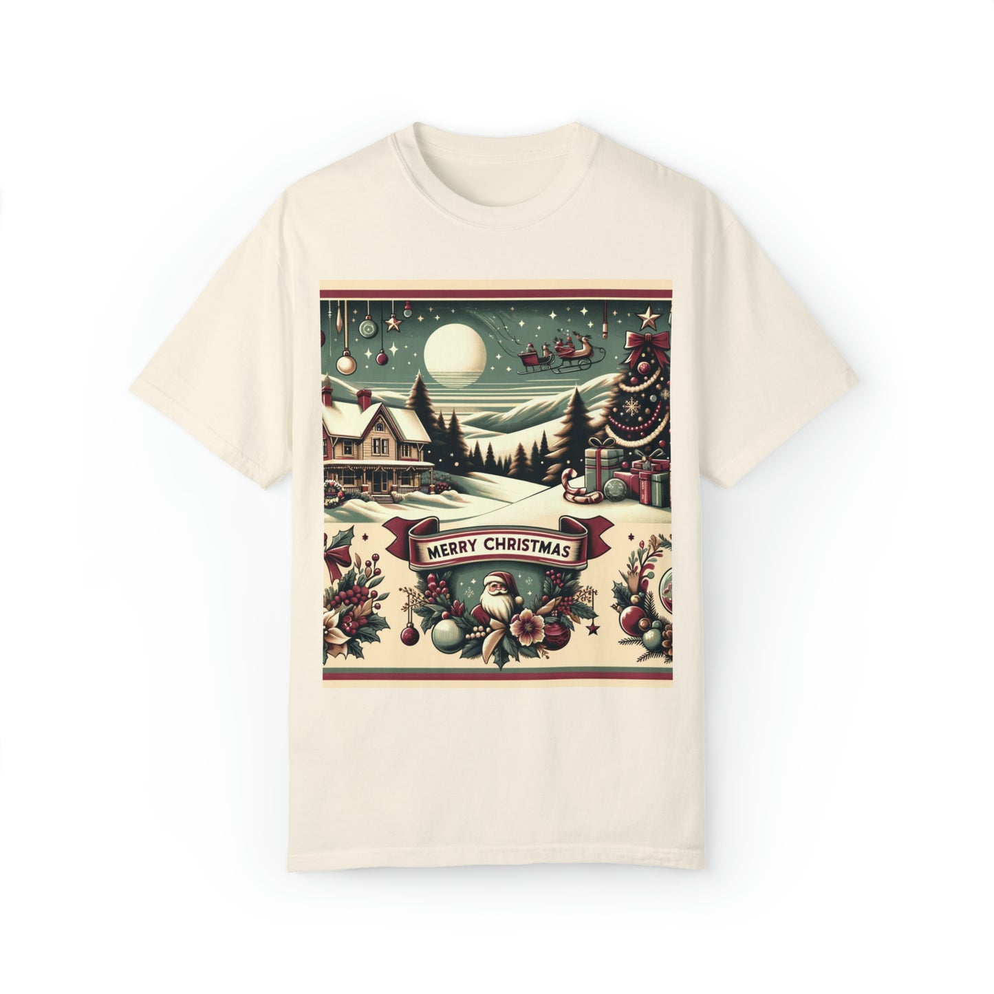 Holiday Charm: Classic Retro Christmas Scene with Santa - 1950s Nostalgic - Unisex Garment-Dyed T-shirt