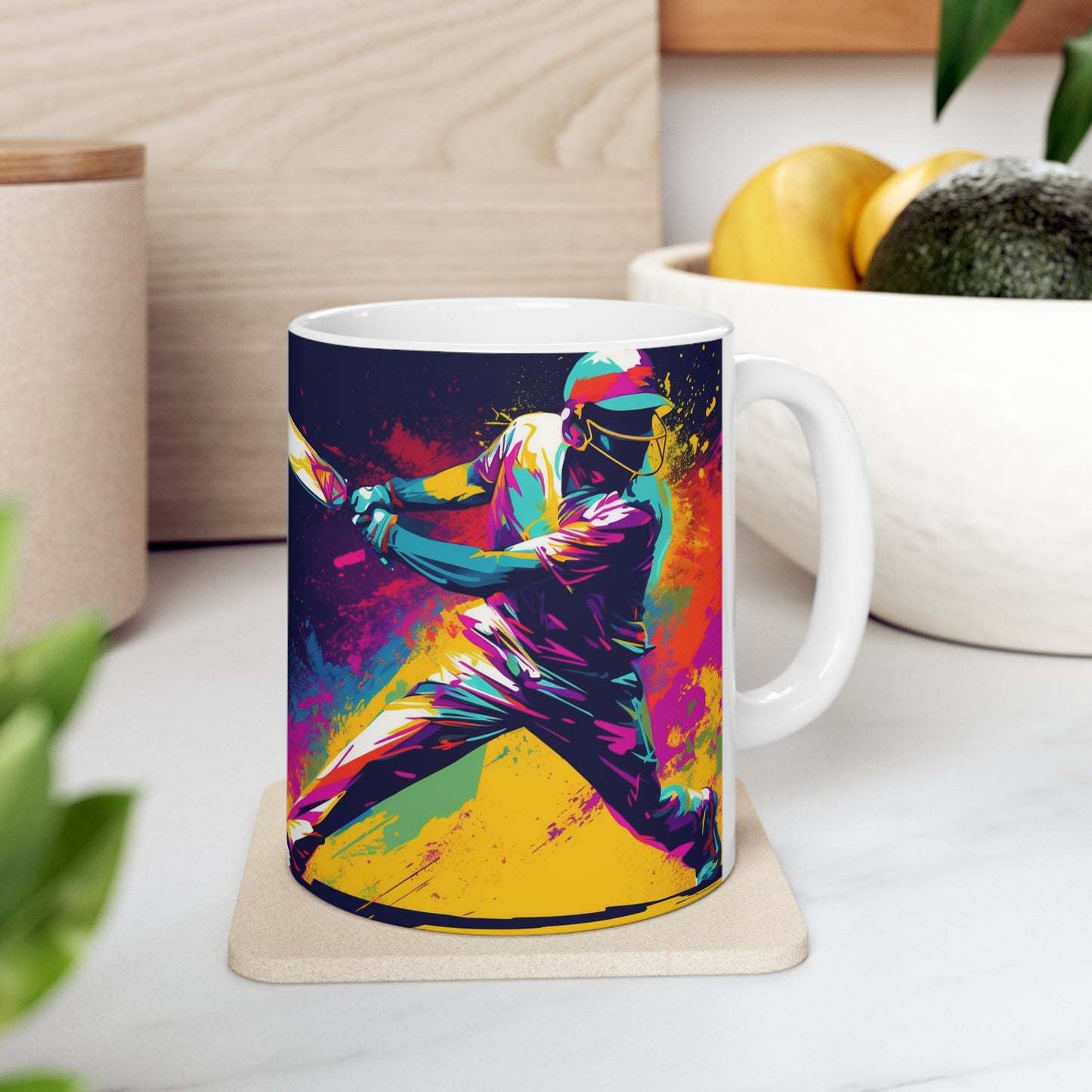 Cricket Pop Art: Bateador, Impacto de pelota, Juego deportivo con soporte de wicket - Taza de cerámica de 11 oz