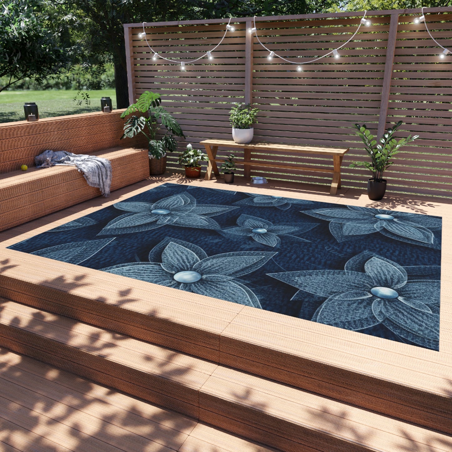 Hawaiian Flower Design - Denim-Inspired Decor Piece - Outdoor Rug