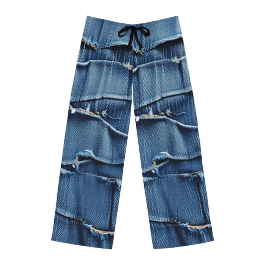 Midnight Blue Distressed Denim: Rugged, Torn & Stylish Design - Men's Pajama Pants (AOP)