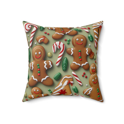 Galleta de Navidad de hombre de jengibre - Árbol - Bastón de caramelo - Almohada cuadrada de poliéster hilado