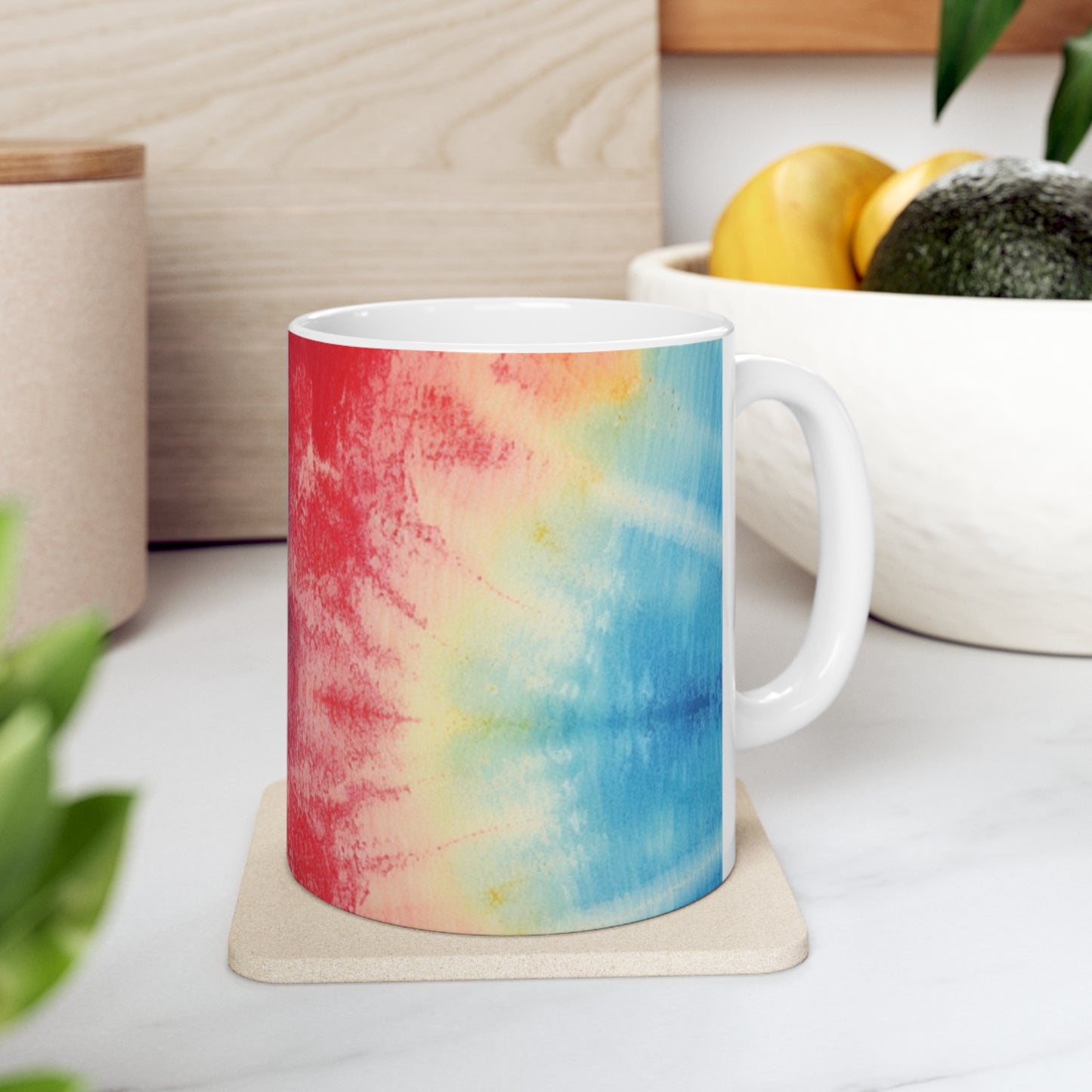 Rainbow Tie-Dye Denim: Espectáculo de diseño de tela multicolor vibrante - Taza de cerámica de 11 oz 