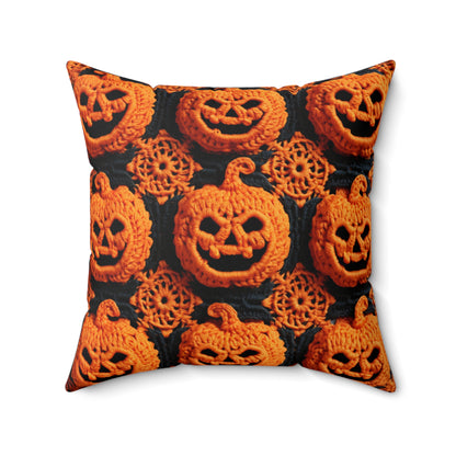 Halloween Crochet Pumpkin Scary Horror Festive Holiday Pattern - Spun Polyester Square Pillow