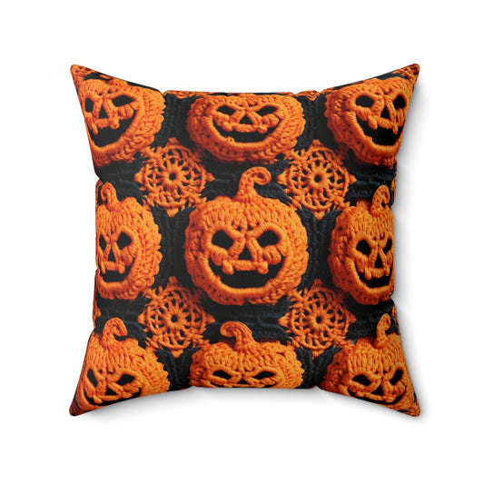 Halloween Crochet Pumpkin Scary Horror Festive Holiday Pattern - Spun Polyester Square Pillow