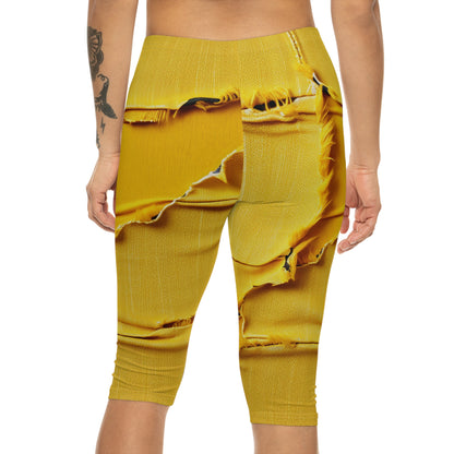 Banana Yellow Lemon: Bold Distressed, Denim-Inspired Fabric - Women’s Capri Leggings (AOP)