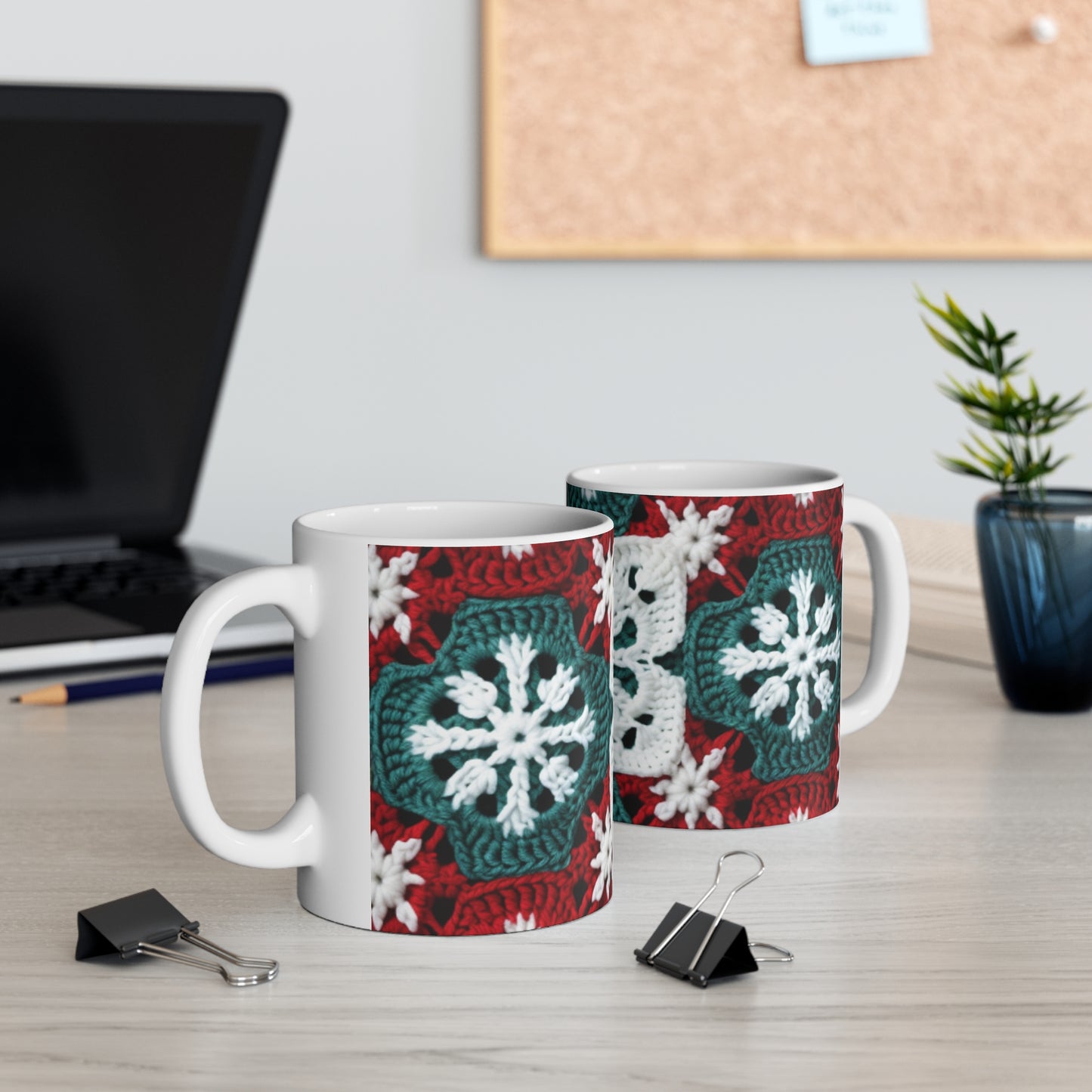 Christmas Snowflake Crochet, Festive Yuletide, Winter Wonderland Craft, Ice Crystal, Holiday Decor, Seasonal Adornments - Ceramic Mug 11oz