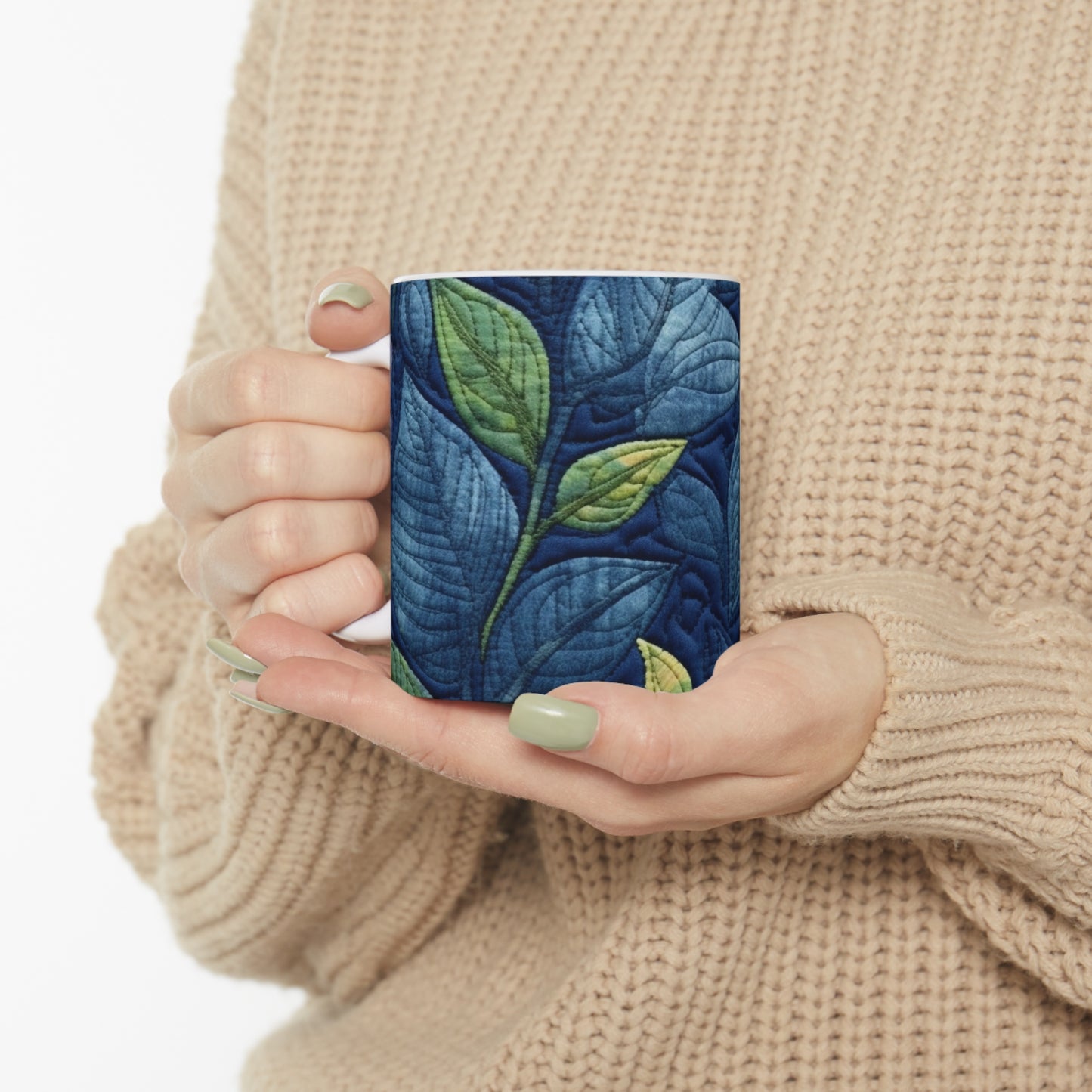 Floral Embroidery Blue: Denim-Inspired, Artisan-Crafted Flower Design - Ceramic Mug 11oz