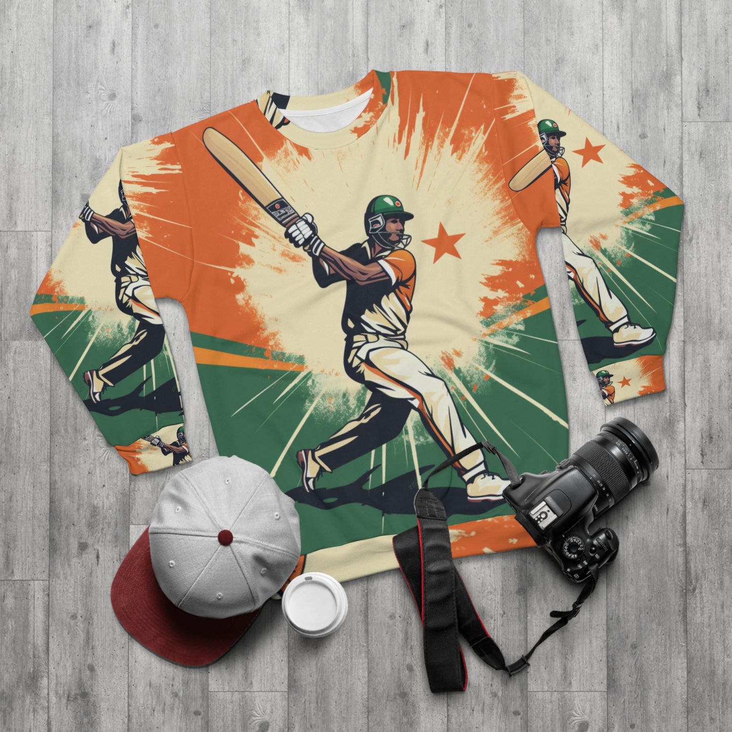 India Cricket Star: Batsman With Willow Bat, National Flag Style - Sport Game - Unisex Sweatshirt (AOP)