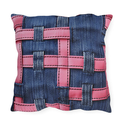 Candy-Striped Crossover: Pink Denim Ribbons Dancing on Blue Stage - Outdoor Pillows