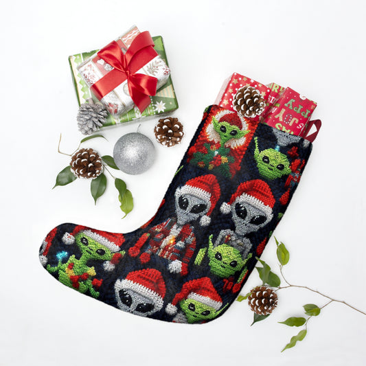 Festive Alien Invasion: Intergalactic Christmas Holiday Cheer with Santa Hats and Seasonal Gifts Crochet Pattern - Christmas Stockings