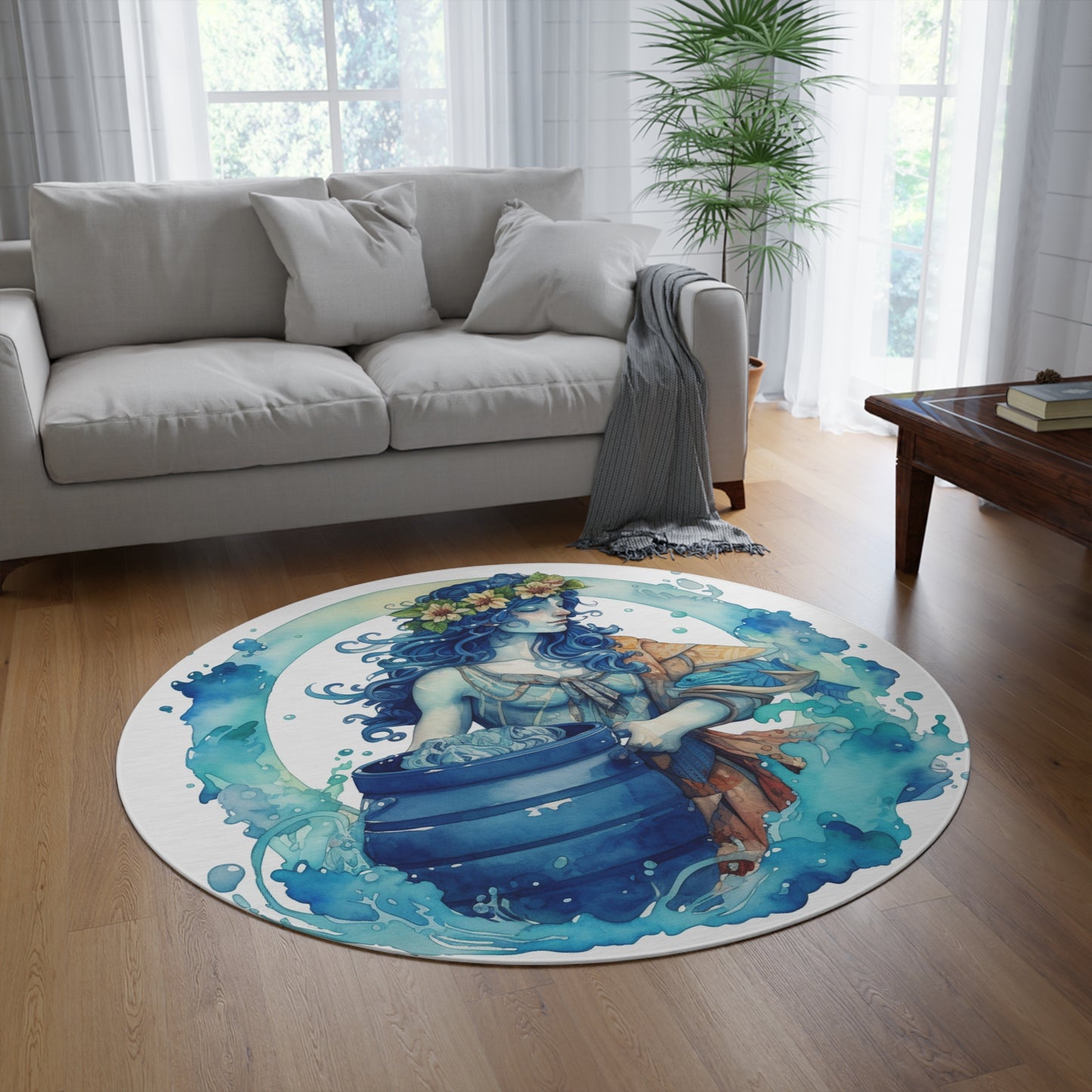 Artistic Aquarius Zodiac - Watercolor Water-Bearer Depiction - Round Rug