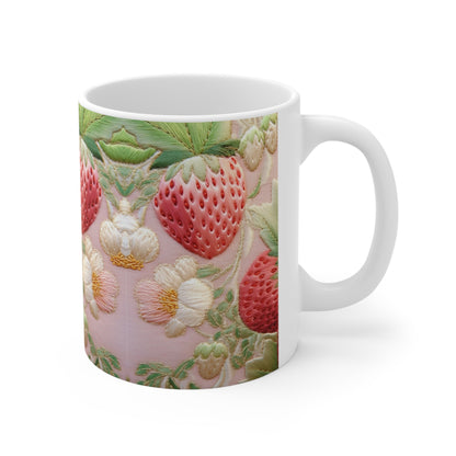 Red Berry Strawberries - Embroid Fruit - Healthy Crop Feast Food Design - Ceramic Mug 11oz