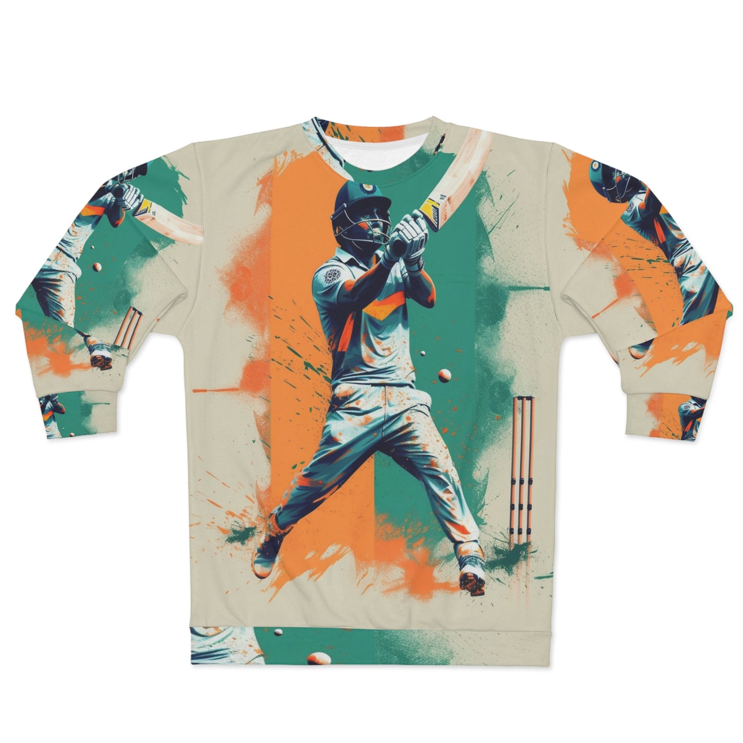 Cricket Batsman, Ball Strike, Indian Flag Color Background - Street Style - Unisex Sweatshirt (AOP)