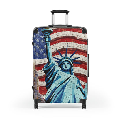 Patriotic Mosaic Artwork, Liberty Statue with Flag, Emblematic Freedom, Independence Day Mural, National Pride Abstract Tilework - Suitcase