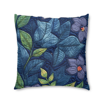 Floral Embroidery Blue: Denim-Inspired, Artisan-Crafted Flower Design - Tufted Floor Pillow, Square