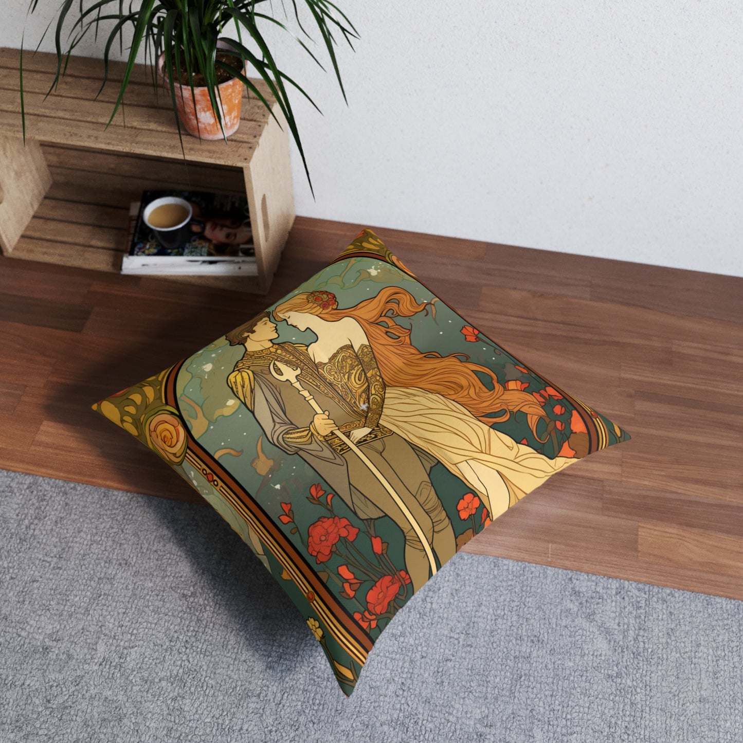 Lovers Tarot Card - Detailed Reading Symbolism, Full-Color Illustration - Tufted Floor Pillow, Square