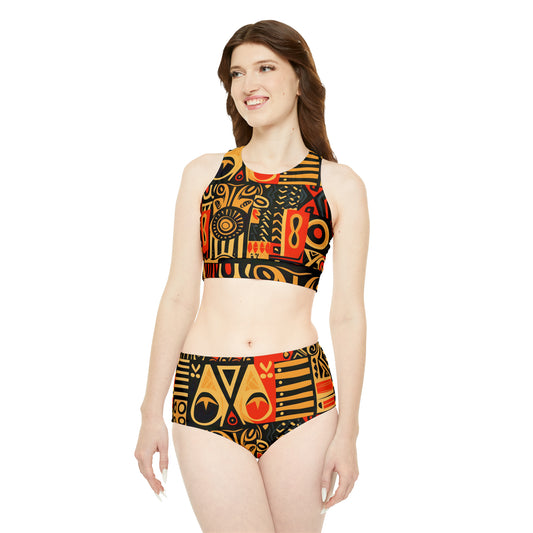 Tribal Art-Inspired Abstract Symbols, Heritage - Sporty Bikini Set (AOP)
