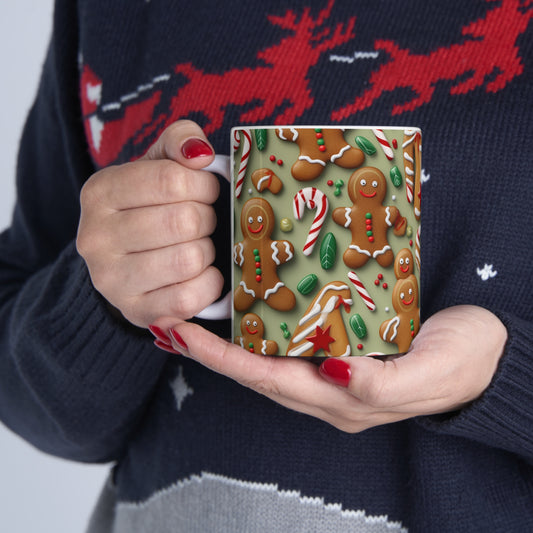 Galleta de Navidad de hombre de jengibre - Árbol - Bastón de caramelo - Taza de cerámica 11oz