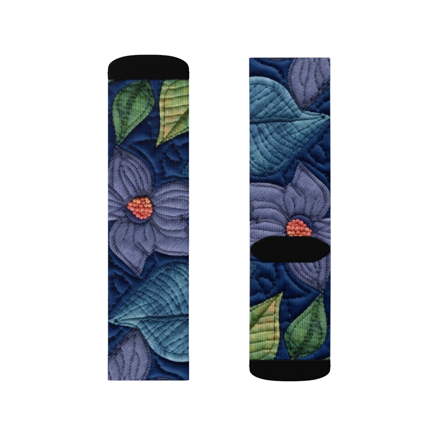 Floral Embroidery Blue: Denim-Inspired, Artisan-Crafted Flower Design - Sublimation Socks