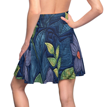 Floral Embroidery Blue: Denim-Inspired, Artisan-Crafted Flower Design - Women's Skater Skirt (AOP)