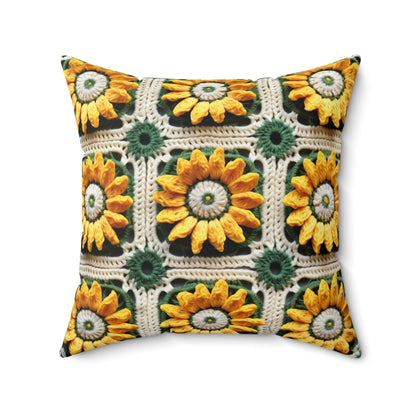 Sunflower Crochet Elegance, Granny Square Design, Radiant Floral Motif. Bring the Warmth of Sunflowers to Your Space - Spun Polyester Square Pillow