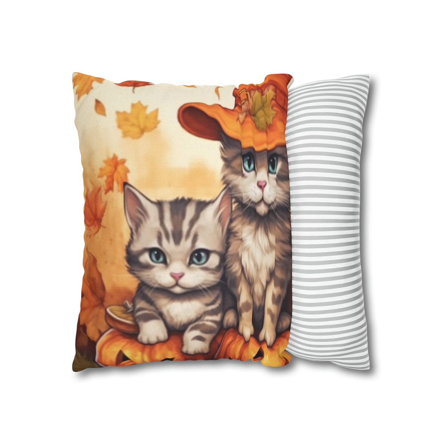 Kitty Cat Kittens Halloween - Cute Furries on Pumpkin - Festive Feline Decor - Spun Polyester Square Pillow Case