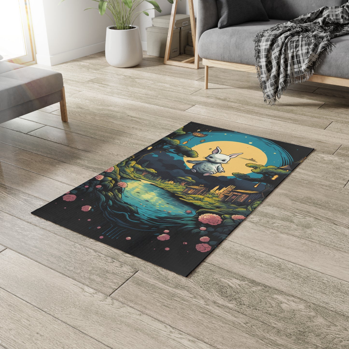 White Rabbit Mystery Psychedelic Fantasy Anime Cartoon Bunny - Dobby Rug