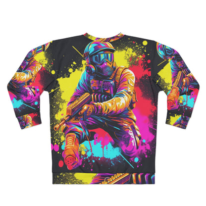 Paintball Action Sport: jugador en batalla, salpicaduras de pintura - Sudadera unisex (AOP) 