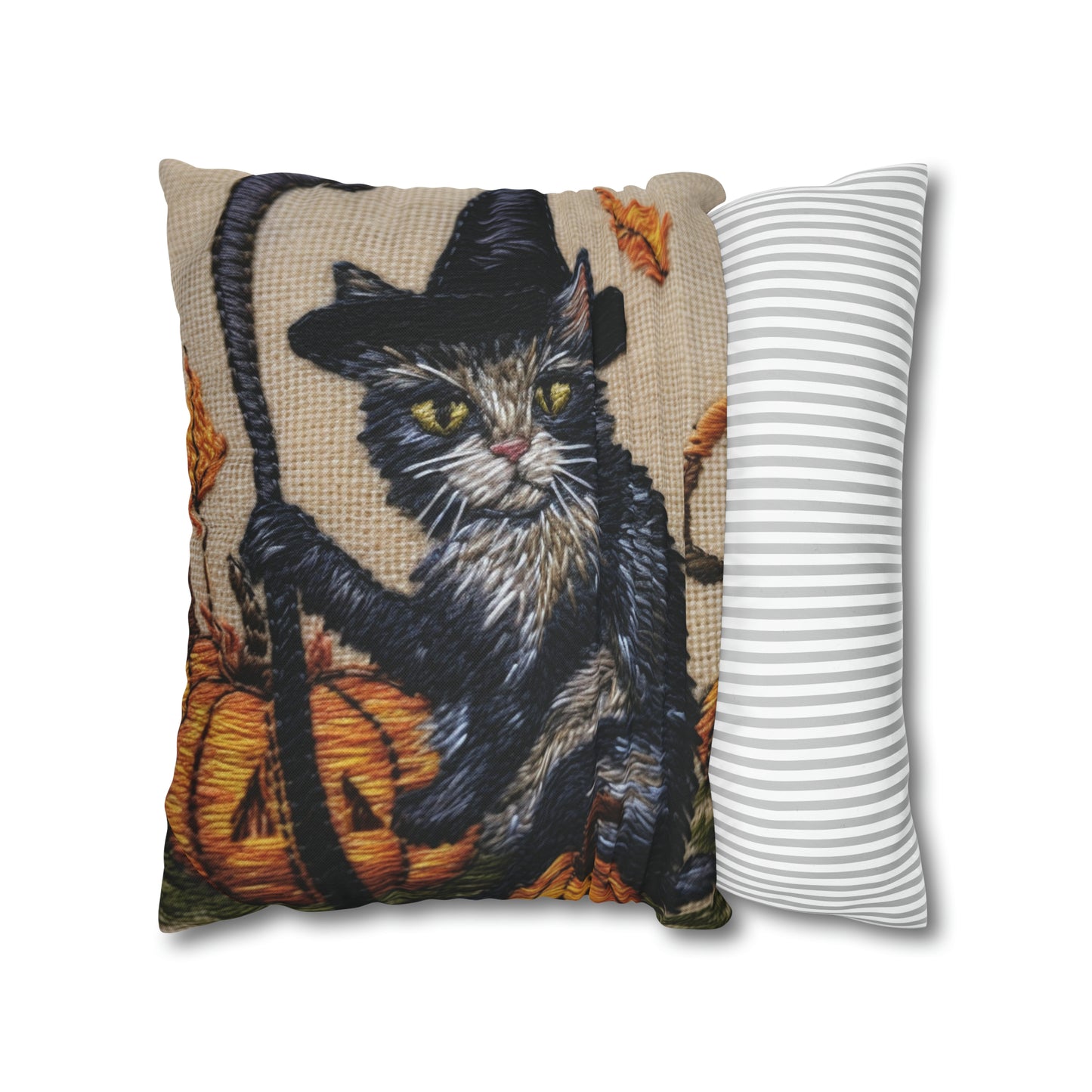 Halloween Cat Magic: Embroidered Style Feline with Pumpkins & Witch Hat - Spun Polyester Square Pillow Case