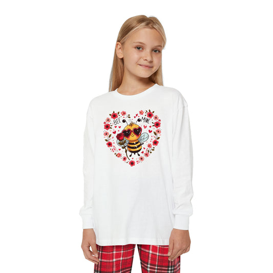 Whimsical Bee Love: Heartfelt Valentines Design with Floral Accents and Heart Sunglasses - Youth Long Sleeve Holiday Outfit Set