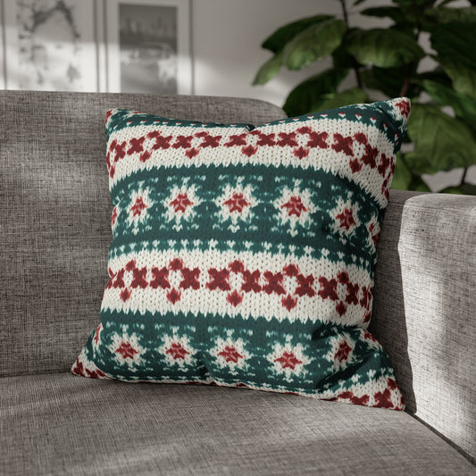 Vacaciones de ganchillo de punto navideño, patrón navideño festivo, temporada de invierno - Funda de almohada cuadrada de poliéster hilado