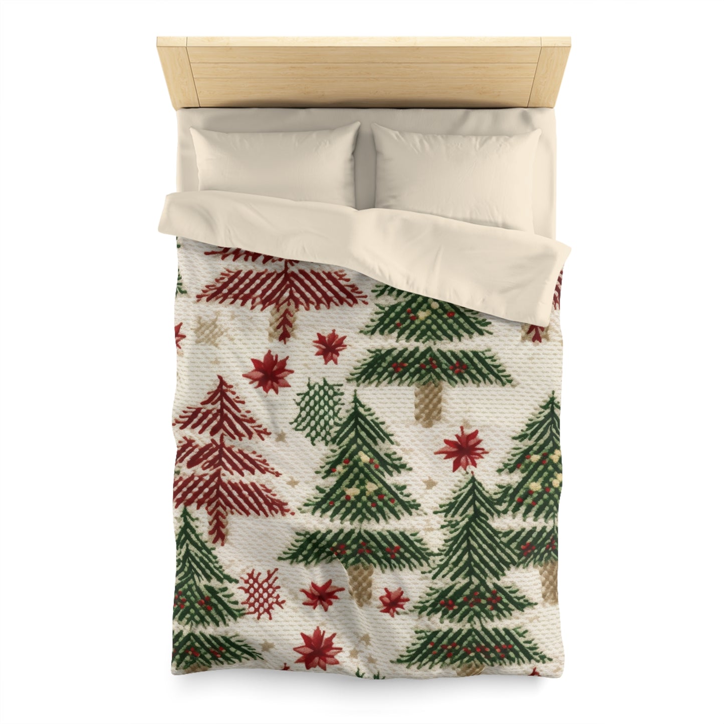 Embroidered Christmas Winter, Festive Holiday Stitching, Classic Seasonal Design - Microfiber Duvet Cover