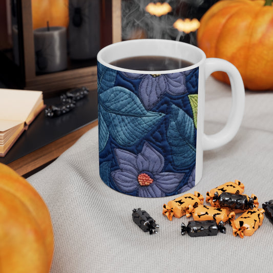 Floral Embroidery Blue: Denim-Inspired, Artisan-Crafted Flower Design - Ceramic Mug 11oz