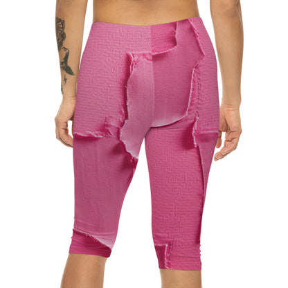 Distressed Neon Pink: Edgy, Ripped Denim-Inspired Doll Fabric - Women’s Capri Leggings (AOP)