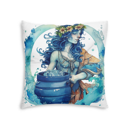 Artistic Aquarius Zodiac - Watercolor Water-Bearer Depiction - Tufted Floor Pillow, Square