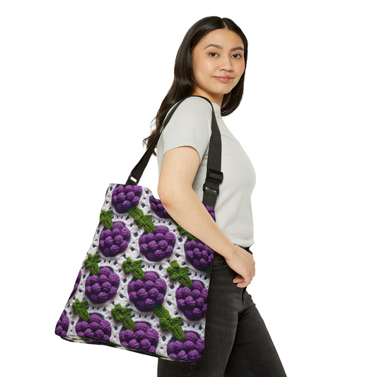 Crochet Grapes Pattern - Granny Square Design - Fresh Fruit Pick - Orchard Purple Snack Food - Adjustable Tote Bag (AOP)