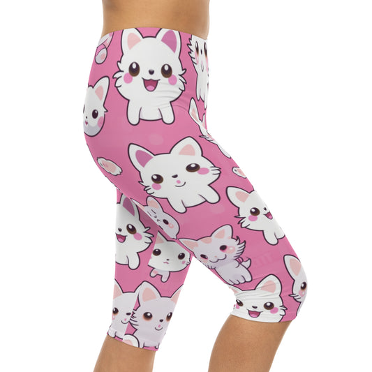 Adorable Cartoon-Style Anime Kitten, Cat, Kitty Pattern - Cute and Colorful - Women’s Capri Leggings (AOP)