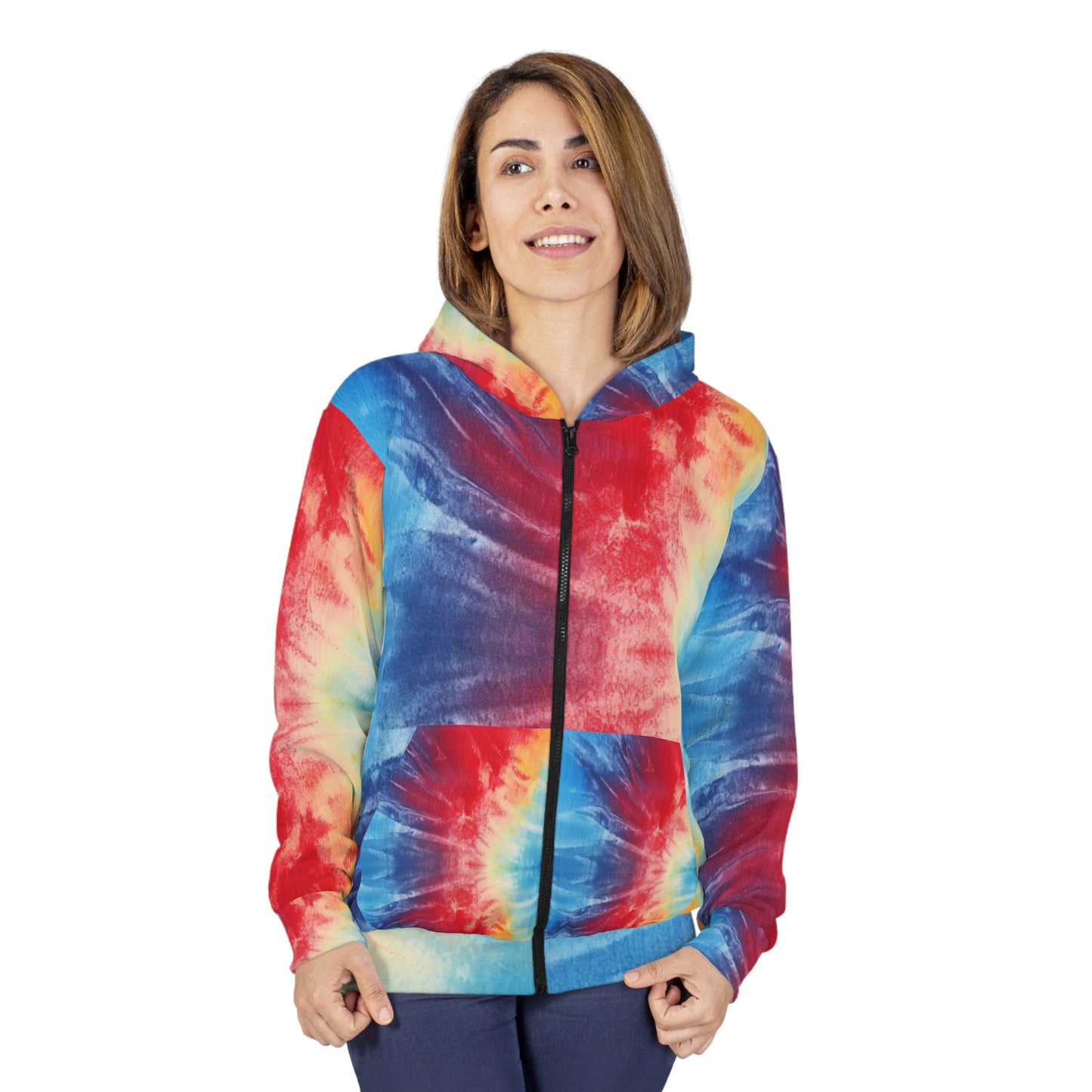 Rainbow Tie-Dye Denim: Vibrant Multi-Color, Fabric Design Spectacle - Unisex Zip Hoodie (AOP)