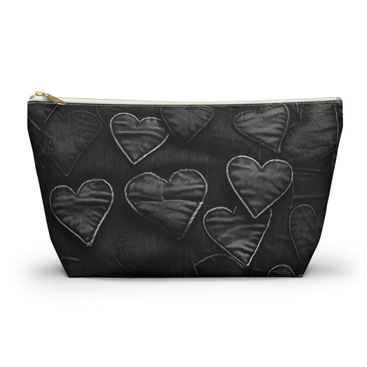 Black: Distressed Denim-Inspired Fabric Heart Embroidery Design - Accessory Pouch w T-bottom