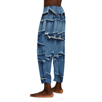 Midnight Blue Distressed Denim: Rugged, Torn & Stylish Design - Men's Pajama Pants (AOP)