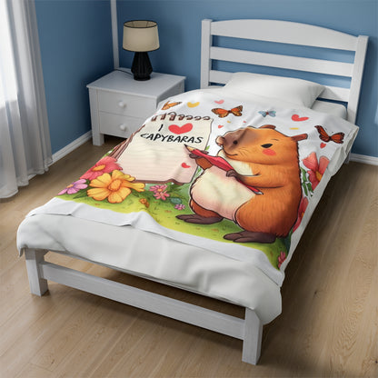 Capybara Holding Pencil and Notepad with I Love Capybaras, Cute Rodent Surrounded by Flowers and Butterflies, Velveteen Plush Blanket