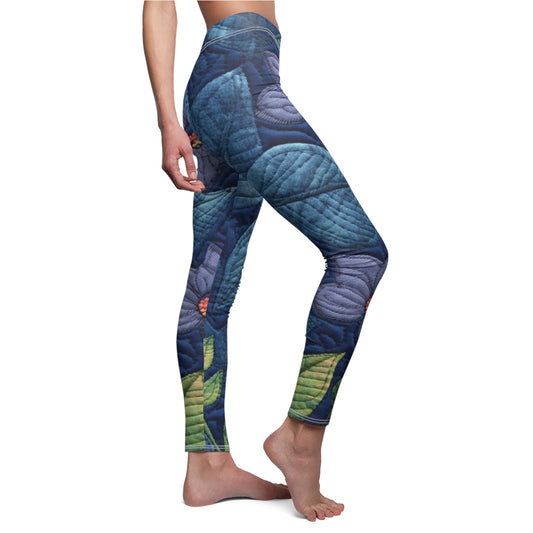 Floral Embroidery Blue: Denim-Inspired, Artisan-Crafted Flower Design - Women's Cut & Sew Casual Leggings (AOP)