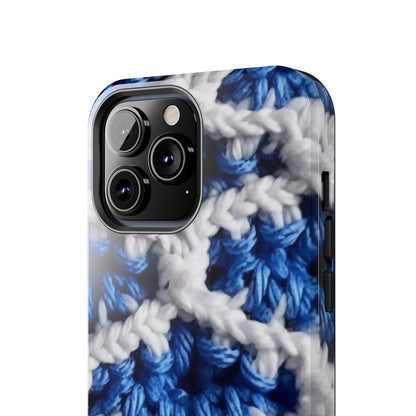 Blueberry Blue Crochet, White Accents, Classic Textured Pattern - Tough Phone Cases