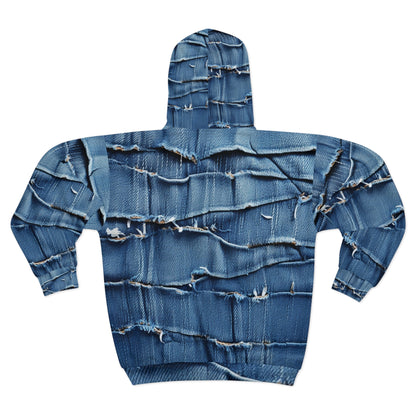 Denim desgastado azul medianoche: diseño resistente, rasgado y elegante - Sudadera con capucha unisex con cremallera (AOP) 