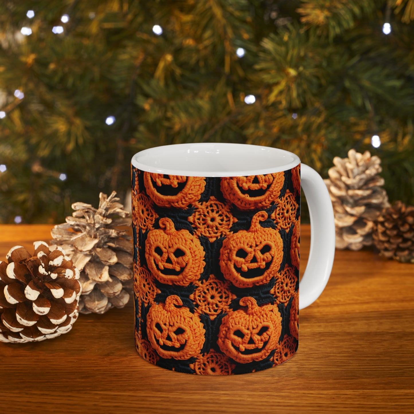 Patrón festivo festivo de terror aterrador de calabaza de ganchillo de Halloween - Taza de cerámica de 11 oz