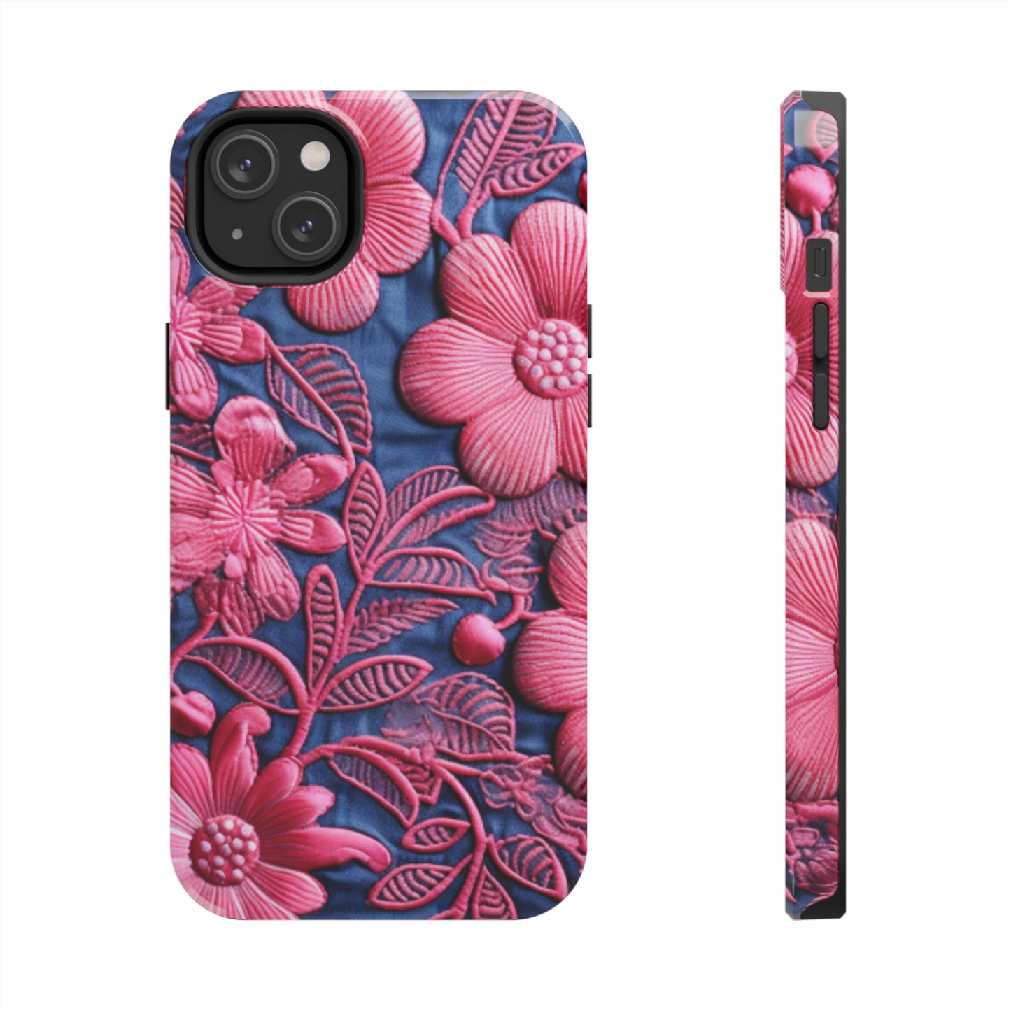 Denim Blue Doll Pink Floral Embroidery Style Fabric Flowers - Tough Phone Cases