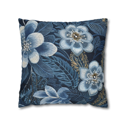 Flower Blossom Embroidery Floral on Denim Style - Spun Polyester Square Pillow Case