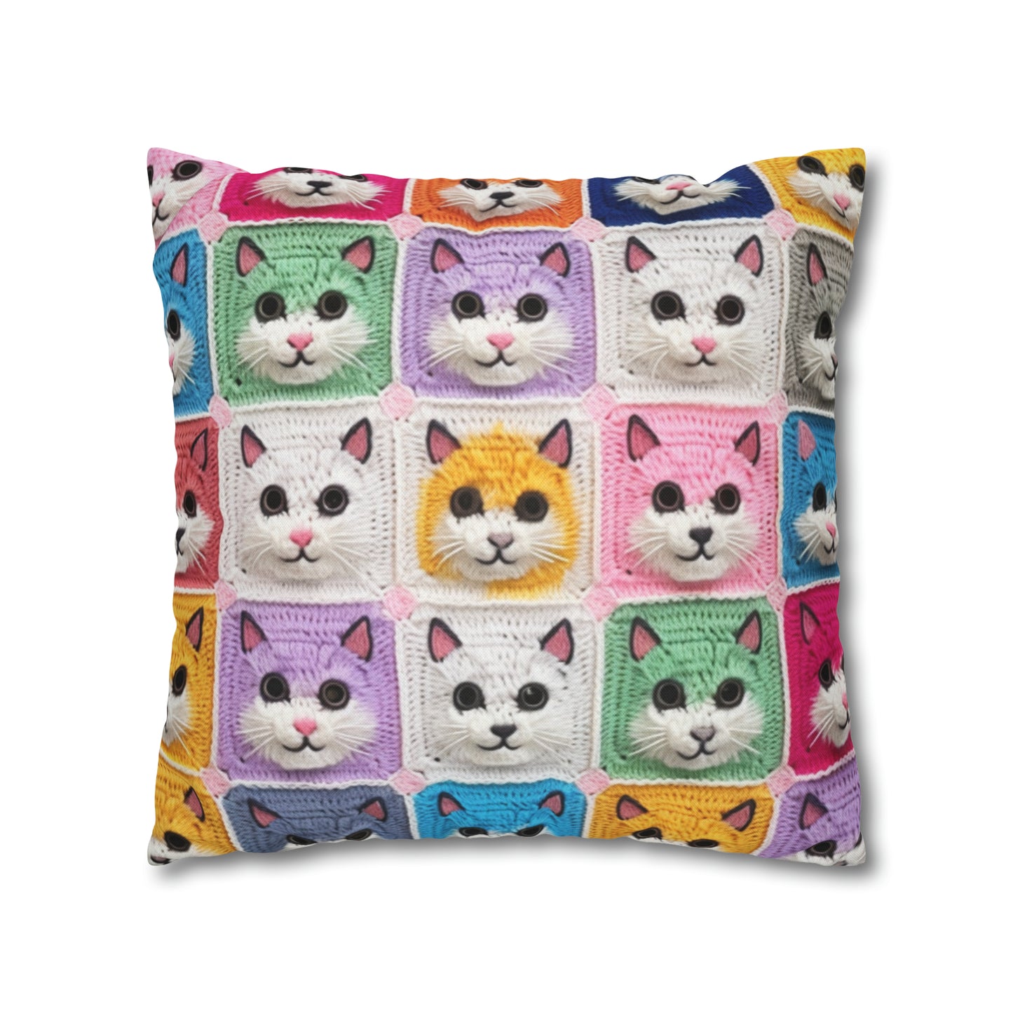 Crochet Cat, Summer Cotton, Feline, Retro Cat Cardigan, Kitten Crochet Cotton Creation - Spun Polyester Square Pillow Case