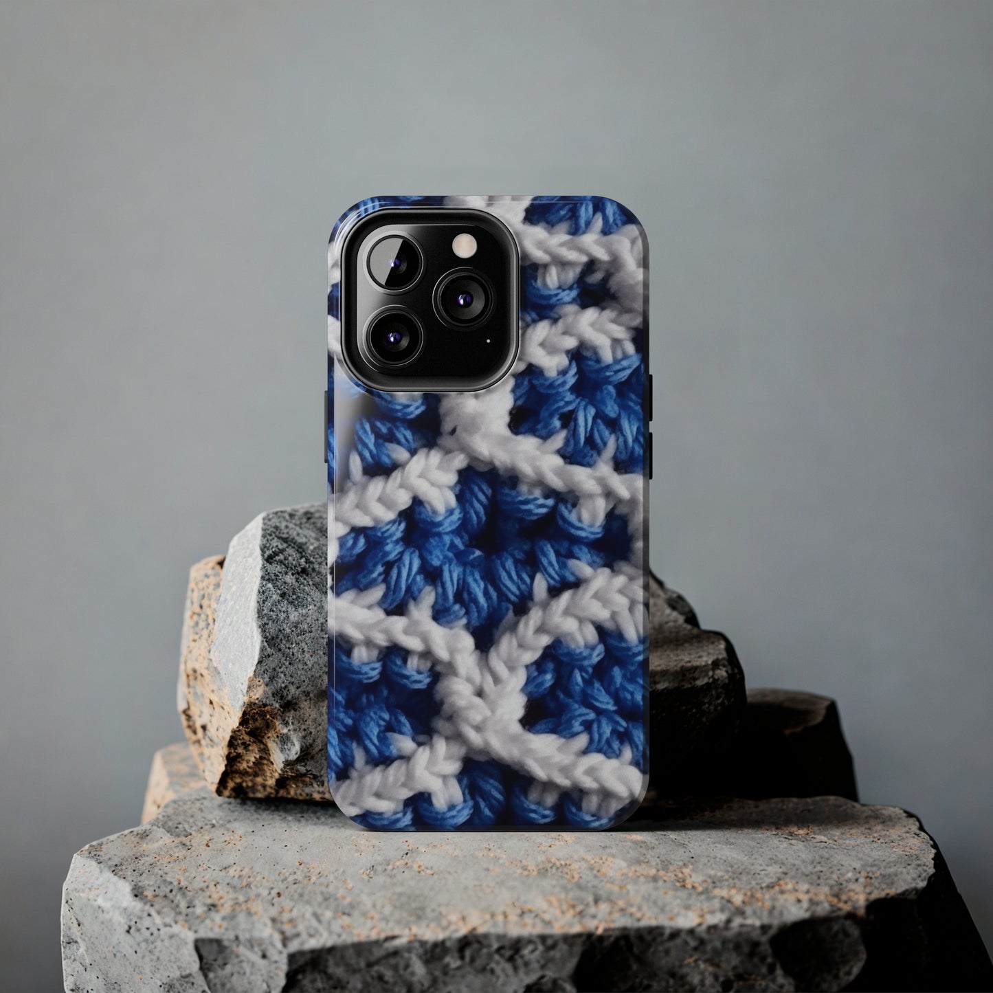 Blueberry Blue Crochet, White Accents, Classic Textured Pattern - Tough Phone Cases