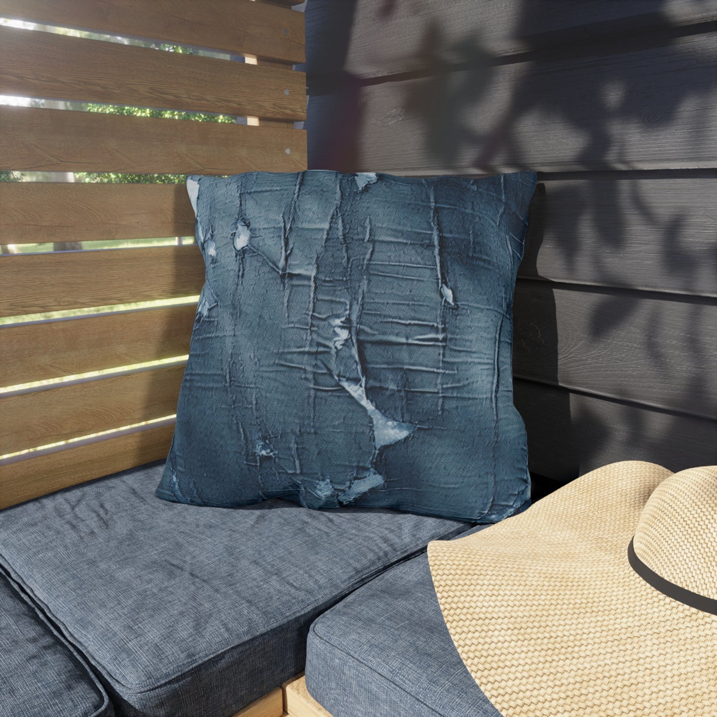 Distressed Blue Denim-Look: Edgy, Torn Fabric Design - Outdoor Pillows